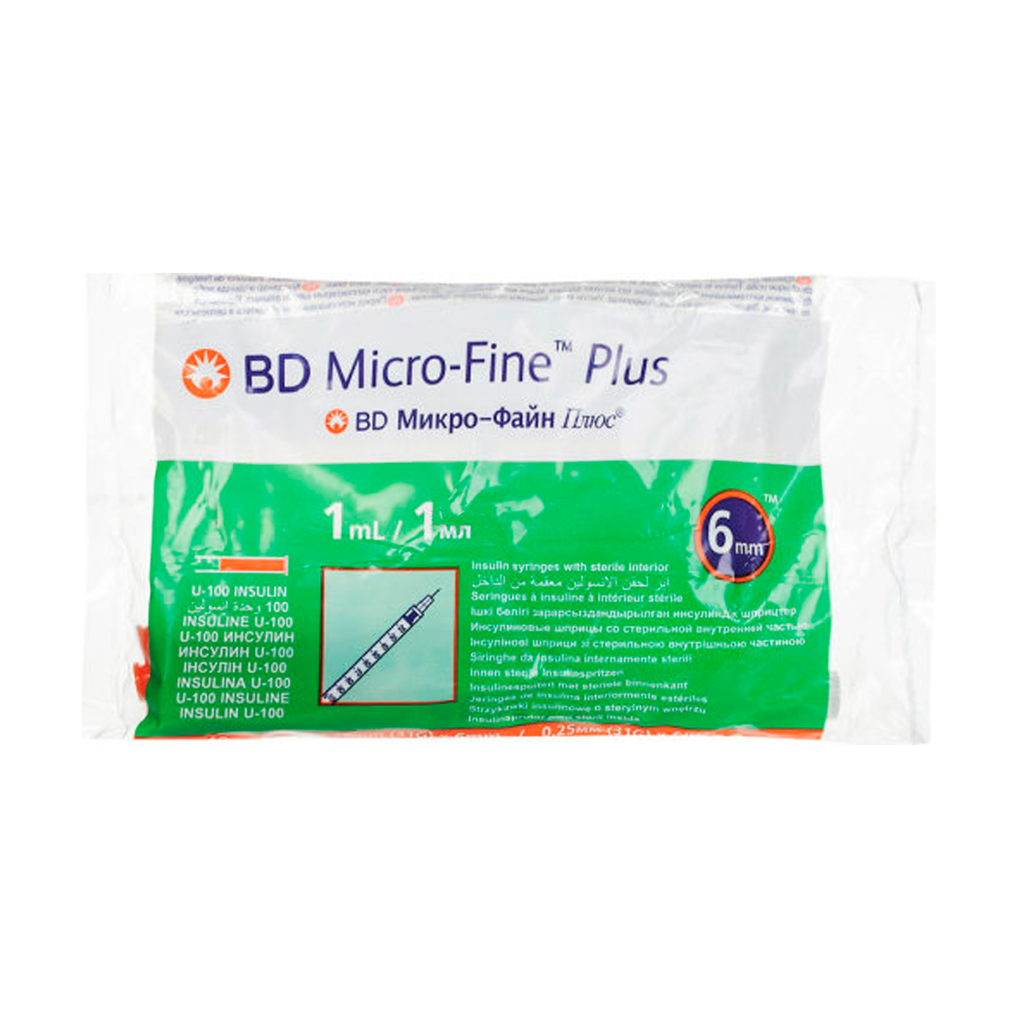 Шприц ін'єкційний інсуліновий BD Micro-Fine Plus U-100, розмір 31G, 0.25*6 мм, 1 мл (10 шт)